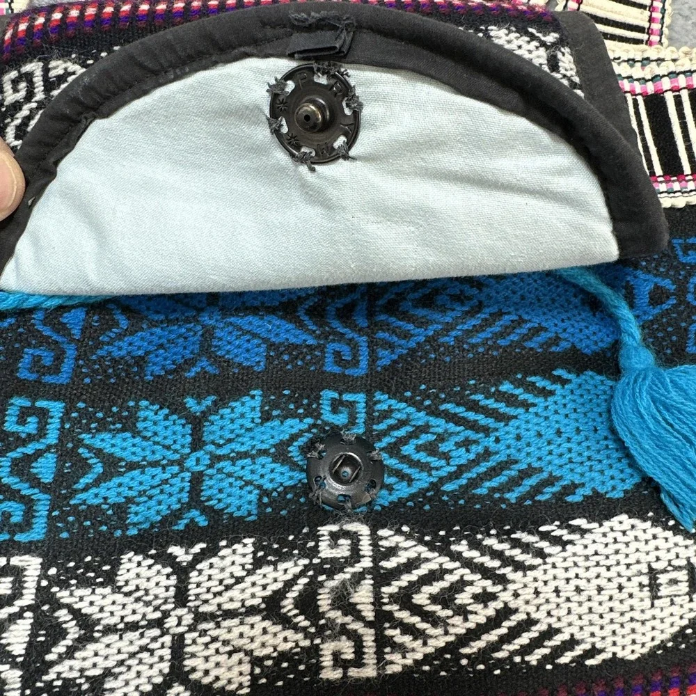 Boho Woven Tribal Aztec Backpack Blue Black Tassel Lined Front Zip Pocket Hippie